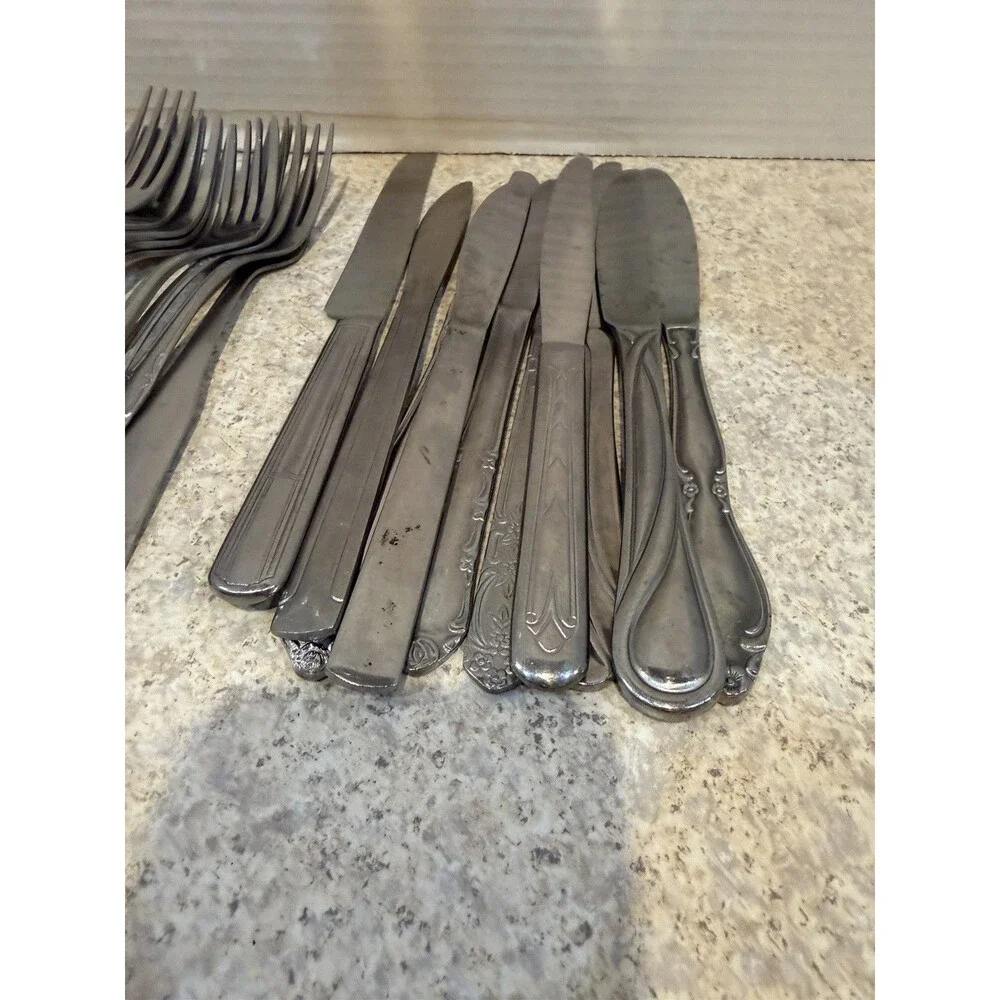 Vintage Mixed Lot Stainless Flatware 24pc 14 Forks 10 Knives Assorted Brands